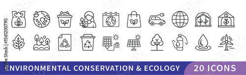 Set of 20 Environmental Conservation & Ecology Icons, A collection of 20 icons representing environmental conservation and ecology, featuring recycling, nature, and eco-friendly symbols for sustainabi