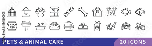 Set of 20 Pets & Animal Care Icons, A collection of 20 icons representing pets and animal care, featuring pet accessories, food, and care symbols for pet owners and animal lovers.
