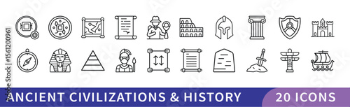 Set of 20 Ancient Civilizations & History Icons, A collection of 20 icons representing ancient civilizations and historical symbols, featuring artifacts, monuments, and archaeological discoveries for 