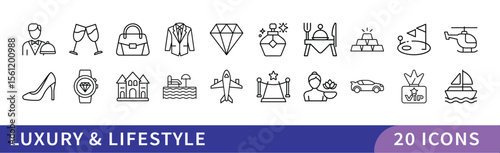 Set of 20 Luxury & Lifestyle Icons, A collection of 20 icons representing luxury and lifestyle, featuring high-end fashion, fine dining, travel, and exclusive items for a premium lifestyle design.
