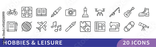Set of 20 Hobbies & Leisure Icons, A collection of 20 icons representing hobbies and leisure activities, featuring sports, arts, and recreational activities for personal interest and relaxation.
