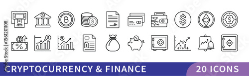 Set of 20 Cryptocurrency & Finance Icons, A collection of 20 icons representing cryptocurrency and finance, featuring digital coins, banking, and investment symbols for financial design projects.
