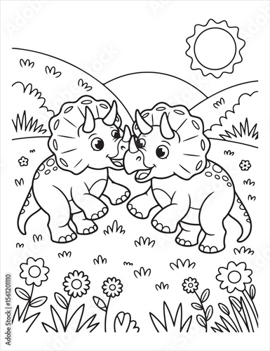 Two triceratops in a field coloring page illustration