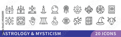 Set of 20 Astrology & Mysticism Icons, A collection of 20 icons representing astrology and mysticism, featuring zodiac signs, crystals, and mystical symbols for spiritual and mystical designs.
