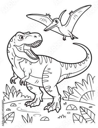 T rex and pterodactyl in black and white coloring page