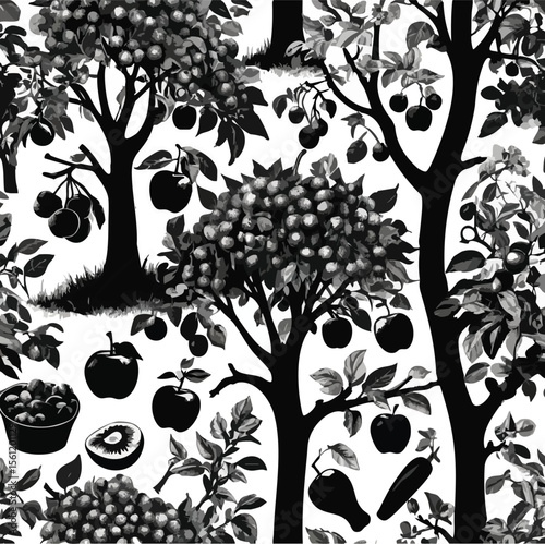  Orchard Fruit Trees and Harvest Seamless Pattern