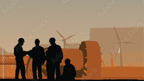 Silhouette of engineers reviewing plans near wind turbines and industrial equipment at dusk or dawn time