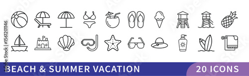 Set of 20 Beach & Summer Vacation Icons, A collection of 20 icons representing beach and summer vacation, featuring beach activities, accessories, and outdoor fun for vacation-related designs.
