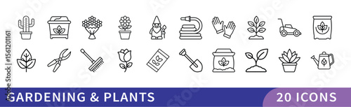Set of 20 Gardening & Plants Icons, A collection of 20 icons representing gardening and plants, featuring tools, plants, and gardening symbols for nature and horticulture designs.
