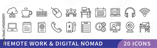 Remote Work and Digital Nomad Icon Set, A set of 20 icons representing remote work and digital nomad life, including laptops, video calls, wireless connections, and office tools.
