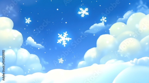 Soft, pastel winter sky with fluffy clouds and falling snowflakes.