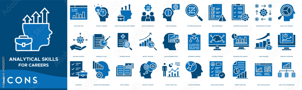 Naklejka premium Analytical Skills for Careers icon set. Data Analysis, Critical Thinking, Analytical Skills for Careers, Insight Generation, Logic Reasoning, Pattern Recognition and Risk Assessment