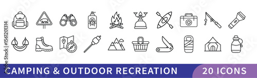 Camping and Outdoor Recreation Icon Set, A set of 20 icons representing camping and outdoor recreation, including camping gear, hiking boots, tents, and outdoor tools for adventures.
