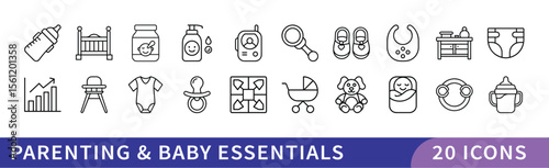 Parenting and Baby Essentials Icon Set, A collection of 20 icons representing parenting and baby essentials, including baby bottles, diapers, cribs, strollers, and other child care symbols.
