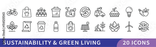 Sustainability and Green Living Icon Set, A collection of 20 icons representing sustainability and green living, including recycling, eco-friendly transport, renewable energy, and sustainable practice