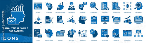 Analytical Skills for Careers icon set. Data Analysis, Critical Thinking, Analytical Skills for Careers, Insight Generation, Logic Reasoning, Pattern Recognition and Risk Assessment