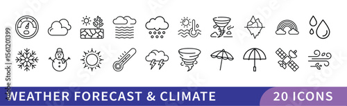Weather Forecast and Climate Icon Set, A collection of 20 icons representing weather forecast and climate, featuring symbols for sun, rain, snow, wind, and other weather-related conditions.
