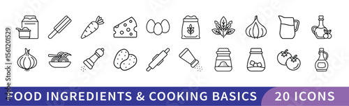 Food Ingredients and Cooking Basics Icon Set, A set of 20 icons representing food ingredients and cooking basics, including spices, vegetables, kitchen tools, and common cooking items.
