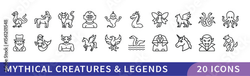 Mythical Creatures and Legends Icon Set, A collection of 20 icons representing mythical creatures and legends, including unicorns, dragons, mermaids, and other legendary creatures.

