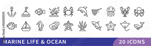 Marine Life and Ocean Icon Set, A collection of 20 icons representing marine life and the ocean, including sea creatures, ships, anchors, and underwater symbols.
