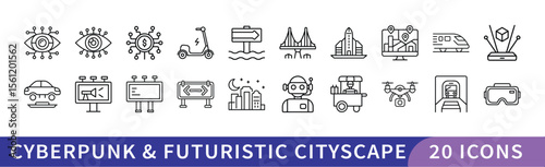 Cyberpunk and Futuristic Cityscape Icon Set, A collection of 20 icons representing cyberpunk and futuristic cityscapes, including drones, skyscrapers, neon lights, and high-tech symbols.
