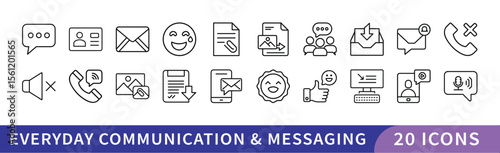 Everyday Communication and Messaging Icon Set, A set of 20 icons representing everyday communication and messaging, including emails, phone calls, text messages, and social media symbols.
