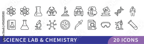 Science Lab and Chemistry Icon Set, A collection of 20 icons representing science lab and chemistry, including lab equipment, molecules, beakers, and scientific symbols.
