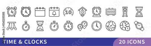 Time and Clocks Icon Set, A collection of 20 icons representing time and clocks, featuring various types of clocks, hourglasses, and timers.
