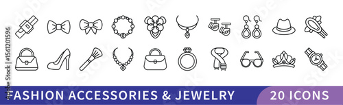 Fashion Accessories and Jewelry Icon Set, A collection of 20 icons representing fashion accessories and jewelry, including rings, handbags, shoes, and elegant adornments.

