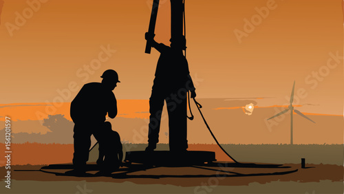 Silhouette of oil workers at sunset with wind turbines in the background creating a scenic landscape view