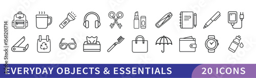 Everyday Objects and Essentials Icon Set, A set of 20 icons representing everyday objects and essentials, including bags, pens, headphones, and other common items.
