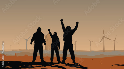 Silhouette of three people with raised fists in front of wind turbines at sunset landscape scenery view