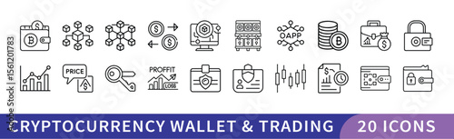 Cryptocurrency Wallet and Trading Icon Set, A set of 20 icons representing cryptocurrency wallet and trading, including blockchain, coins, charts, and security symbols.
