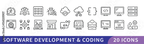 Software Development and Coding Icon Set, A set of 20 icons representing software development and coding, including programming languages, coding tools, cloud storage, and web development symbols.
