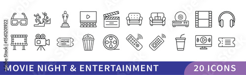 Movie Night and Entertainment Icon Set, A set of 20 icons representing movie night and entertainment, featuring film reels, popcorn, movie tickets, and entertainment-related symbols.
