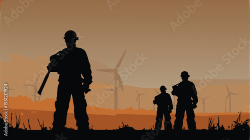 Silhouette of soldiers standing in a field with wind turbines in the background at sunset landscape view