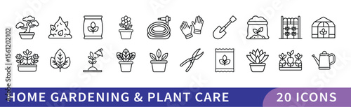 Home Gardening and Plant Care Icon Set, A set of 20 icons for home gardening and plant care, featuring tools, plants, pots, and watering equipment.
