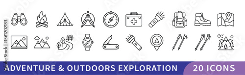 Adventure and Outdoors Exploration Icon Set, A collection of 20 icons representing adventure and outdoor exploration, including hiking, camping, maps, and adventure gear.
