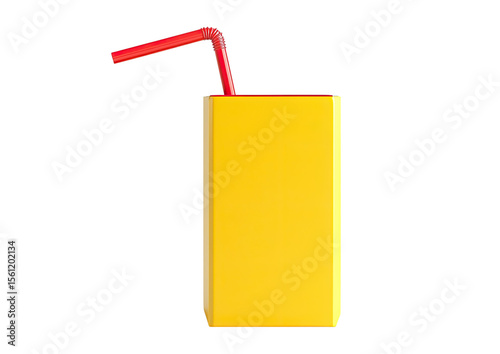 Red beverage carton with yellow straw in vertical design Isolated on a transparent background photo