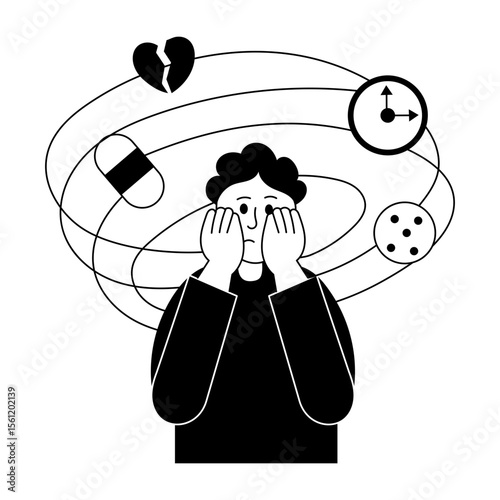 A drawing style illustration showing overthinking stress 
