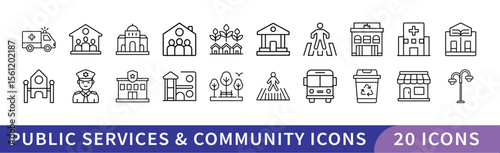 Public Services and Community Icon Set, A set of 20 icons representing public services and community features, including buildings, utilities, and services for the community.
