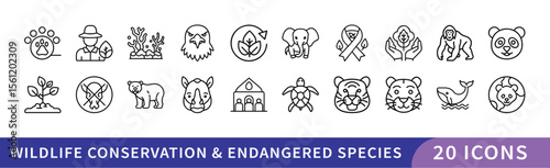 Set of 20 Wildlife Conservation & Endangered Species Icons, A collection of 20 icons representing wildlife conservation and endangered species, featuring animals, nature, and conservation symbols for 