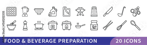 Set of 20 Food & Beverage Preparation Icons, A collection of 20 icons representing food and beverage preparation, featuring kitchen tools, cooking equipment, and ingredients for culinary designs.
