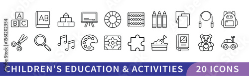 Set of 20 Children's Education & Activities Icons, A collection of 20 icons representing children's education and activities, featuring learning tools, toys, and creative activities for kids.
