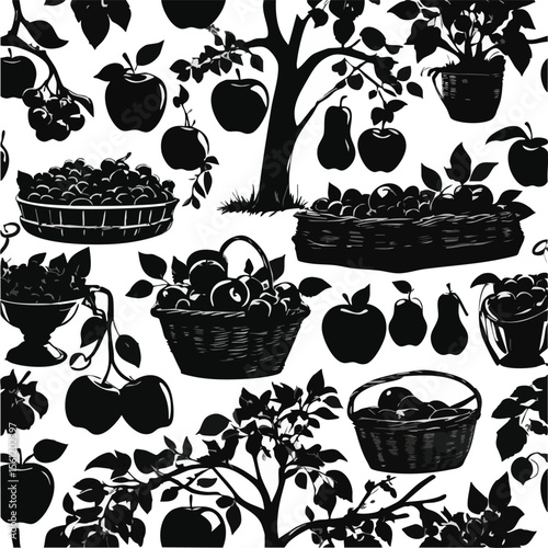 Fruit Harvest and Orchard Seamless Silhouette Pattern