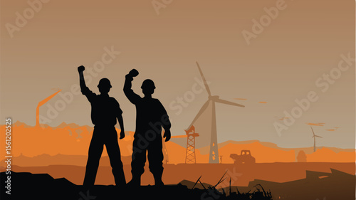 Silhouette of two workers with raised fists against a backdrop of wind turbines and industrial landscape