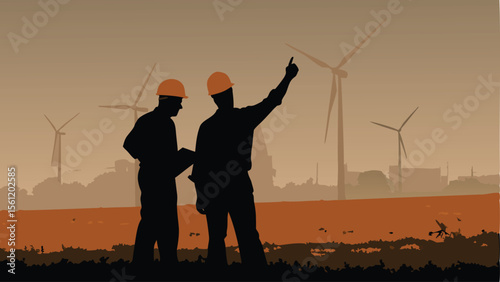 Silhouette of two engineers with windmills in background under a hazy sky at dusk landscape view