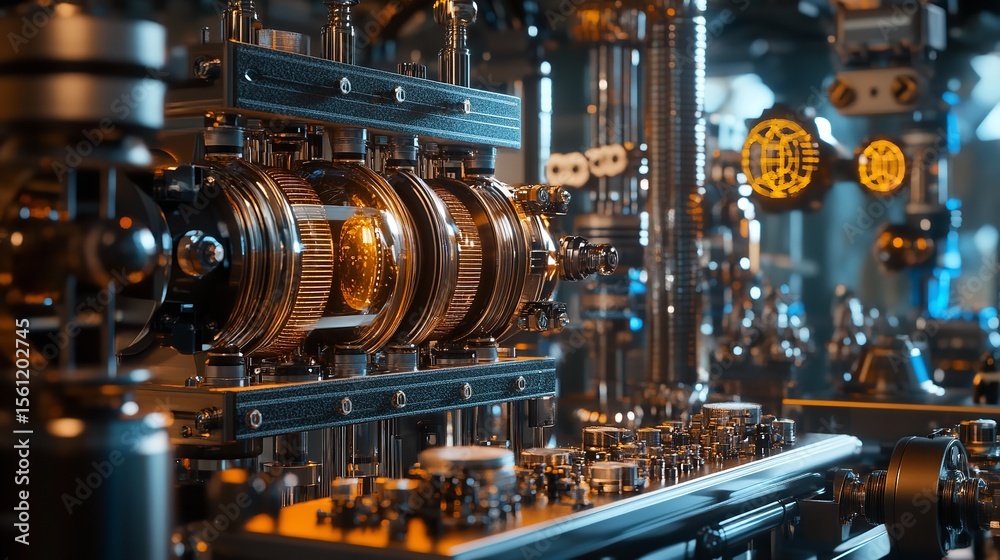 Naklejka premium A complex laboratory machine is illuminated with golden light