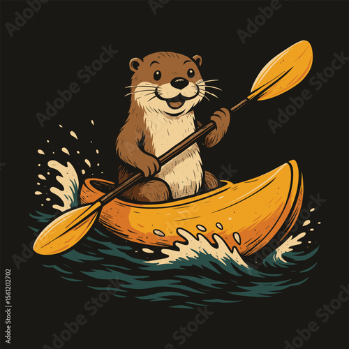 Otter kayaking vector | Otter in canoeing surrounded by splashes of water and holding an oar, sitting in his kayak on the water. Otter enjoying a kayaking adventure.