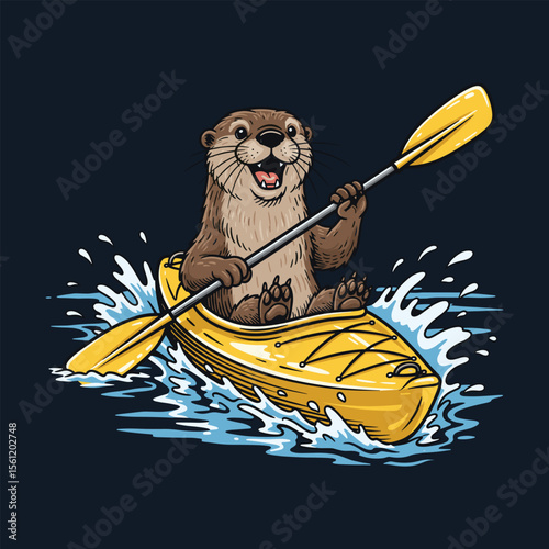 Otter kayaking vector | Otter in canoeing surrounded by splashes of water and holding an oar, sitting in his kayak on the water. Otter enjoying a kayaking adventure.